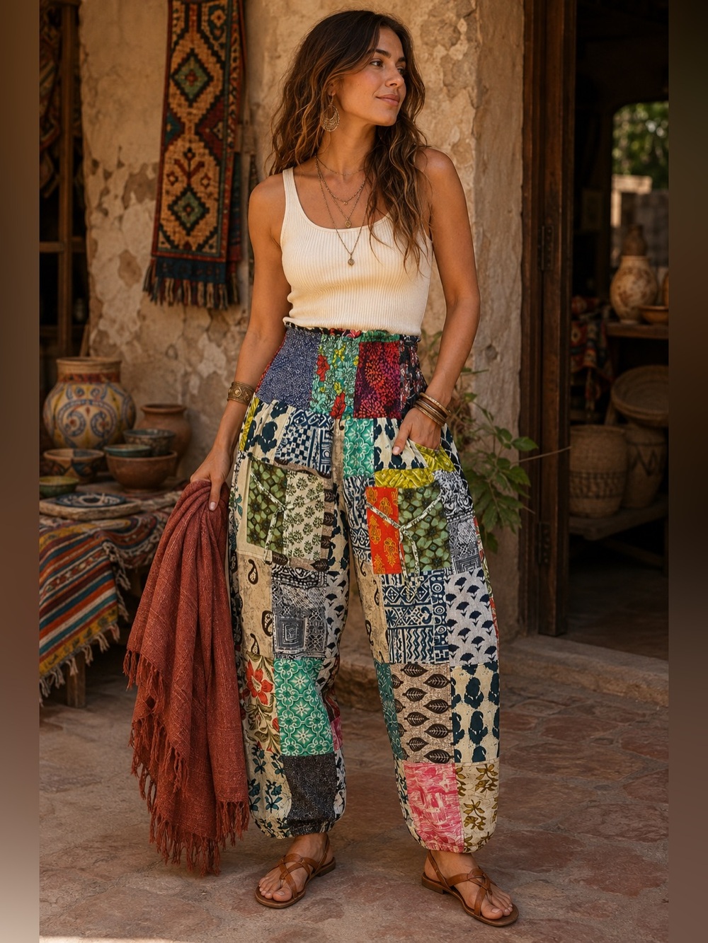 Kantha Patchwork Harem Pants Smocked Waist Boho Cotton Jogger Hippie Gypsy
